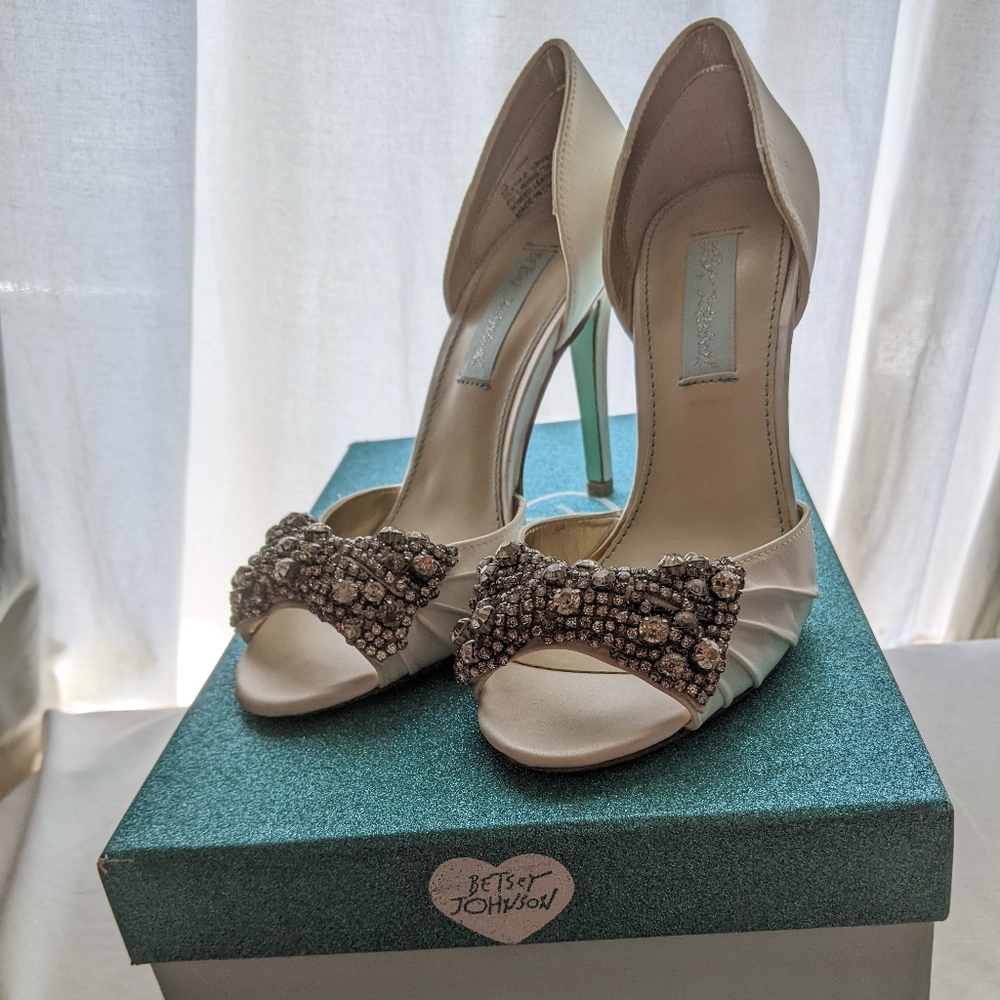 Peep Toe Heels, Embellished Bow, Blue by Betsey Johnson